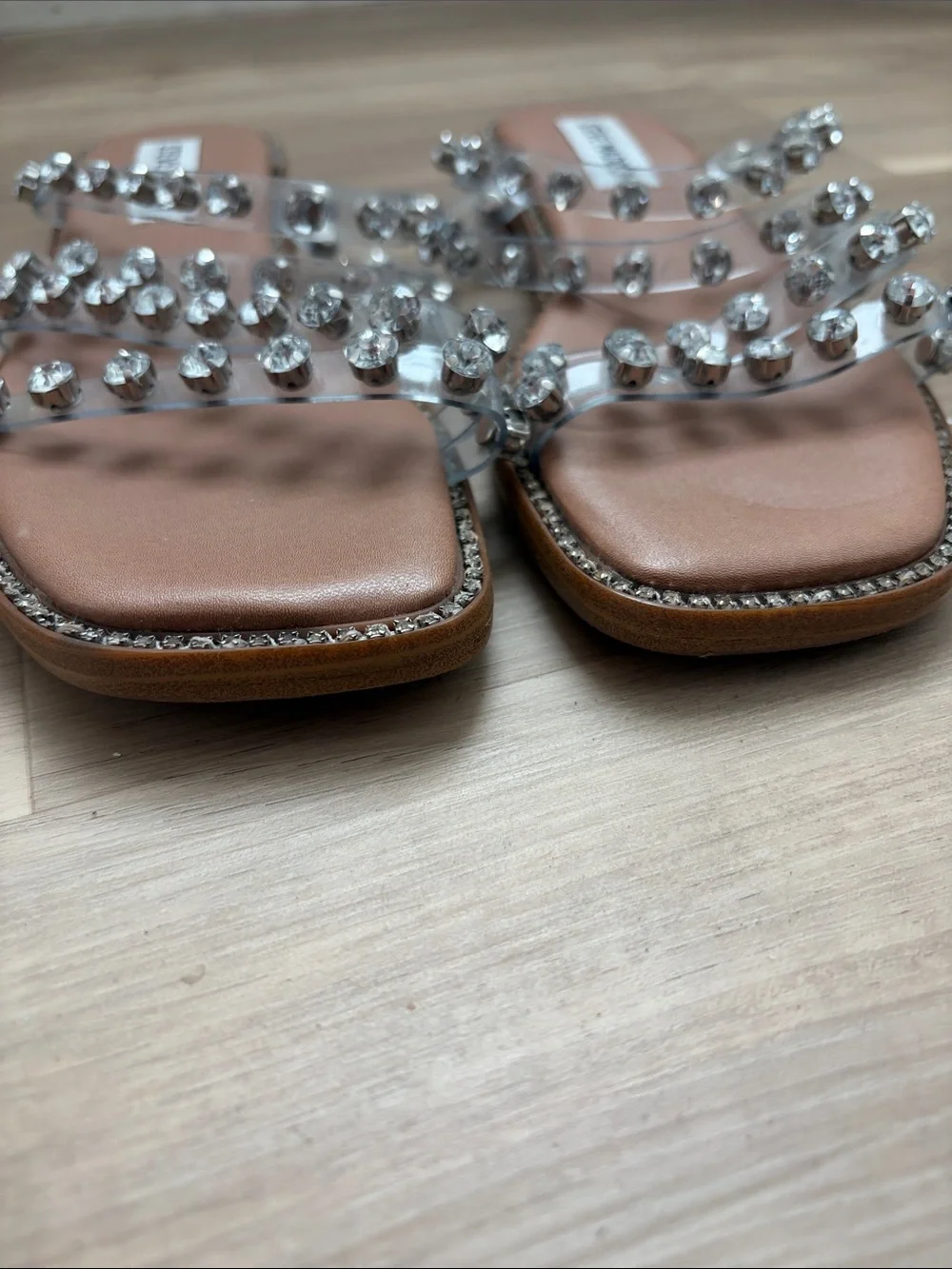 Steve Madden Crystal-Embellished Clear Strap Sandals with Tan Footbed